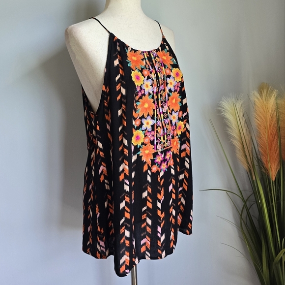 Savanna Jane New Vera Embroidered Black Floral Halter Tie Tank Top Size Small - Picture 6 of 12